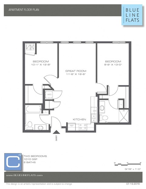 Floor plan for 2 beds, 2 baths, 944 sqft